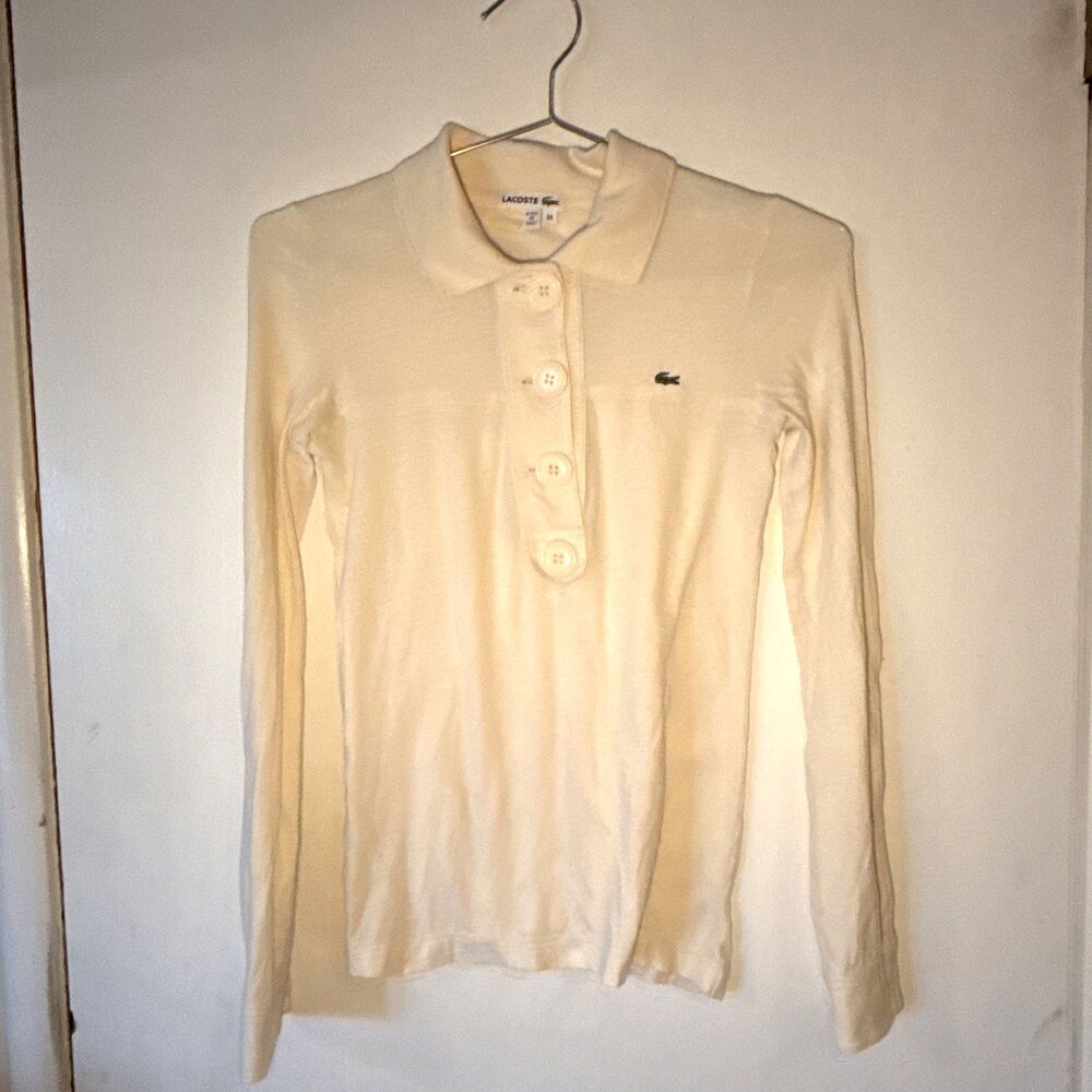 Lacoste Long Sleeve Big Button Polo Shirt Yellow | Women's Sz 34